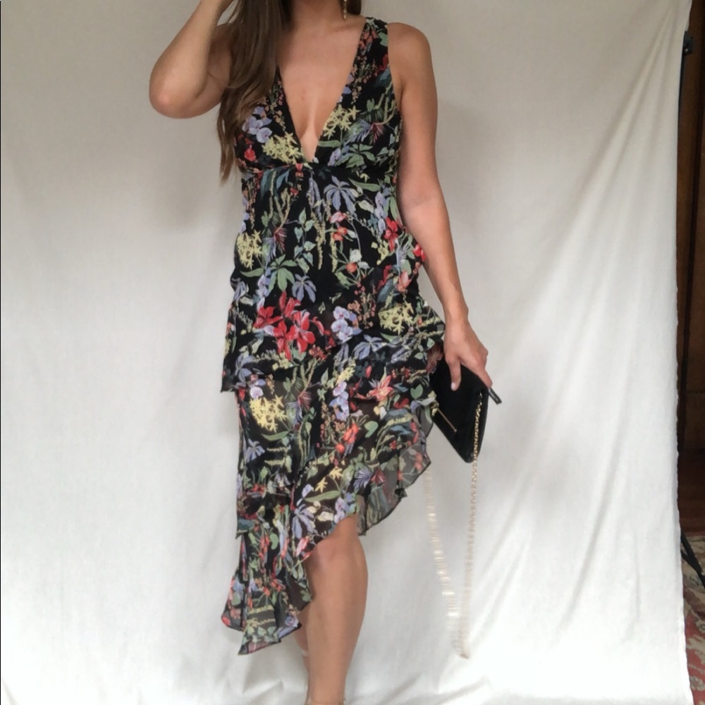 Black Floral Tiered Ruffle High-Low Dress
